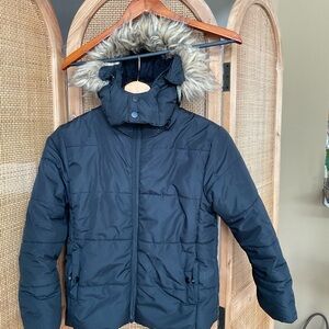 Black Puffer Jacket with Faux Fur Hood
